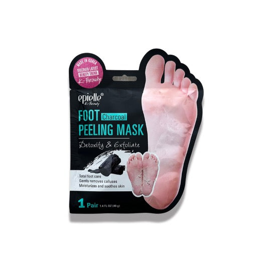 Charcoal Foot Peeling Mask Inside Mylar Packaging. Packaging shows images of charcoal, feet with peeling skin, and one large foot after peeling has finished.