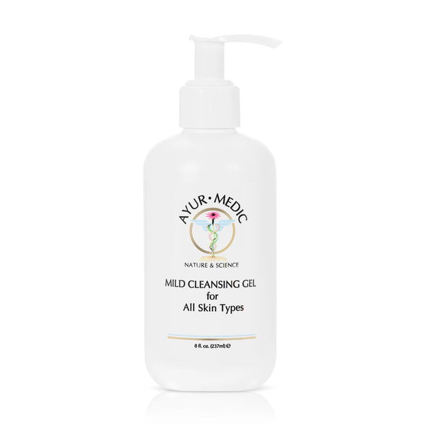 Ayur-Medic's Mild Cleansing Gel in a white bottle against a white background.