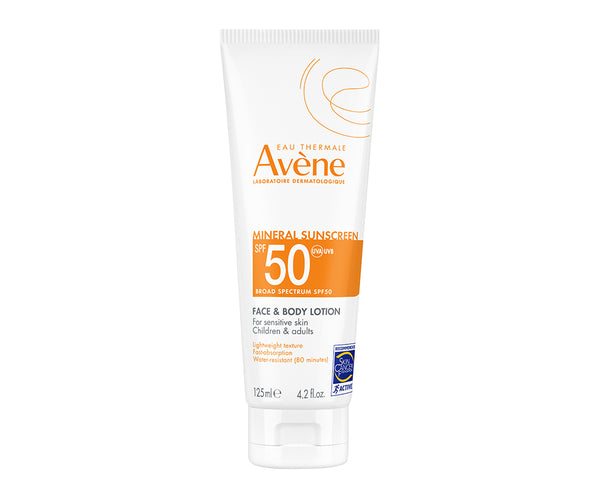 Avène's Mineral Sunscreen Face & Body 50 SPF Lotion in a tube against a white background.