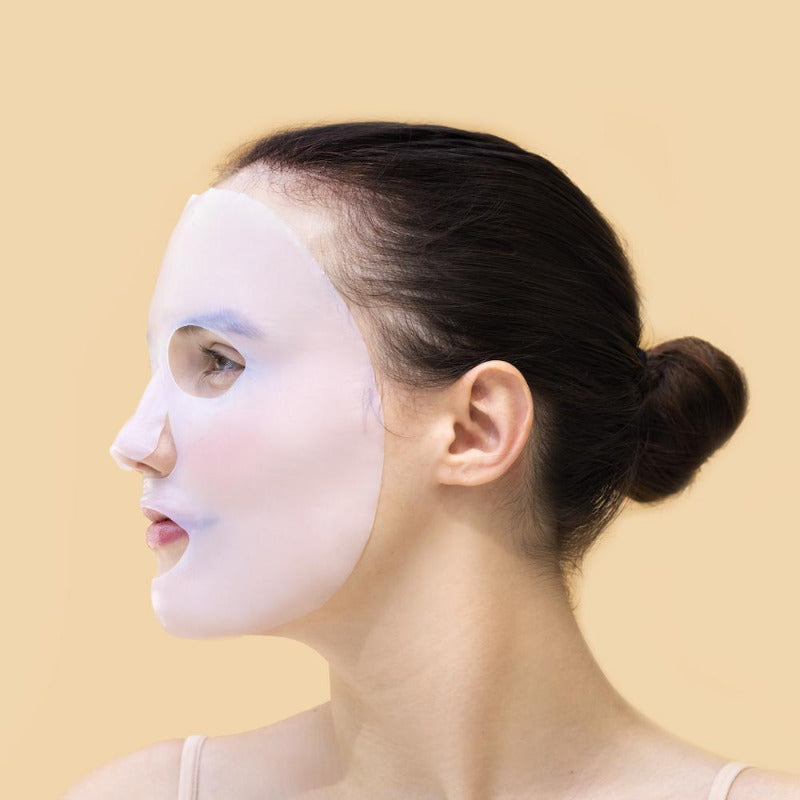 Woman side profile of face wearing facial sheet mask
