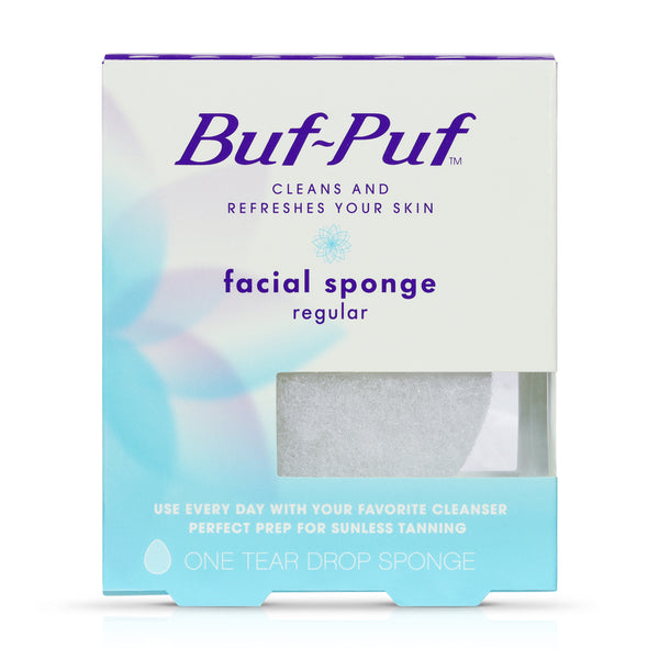 Buf-Puf Sponge Inside Paper Box Packaging with a Small Window Showing the Sponge Texture