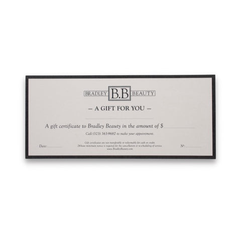 Physical paper gift certificate for Bradley Beauty services.