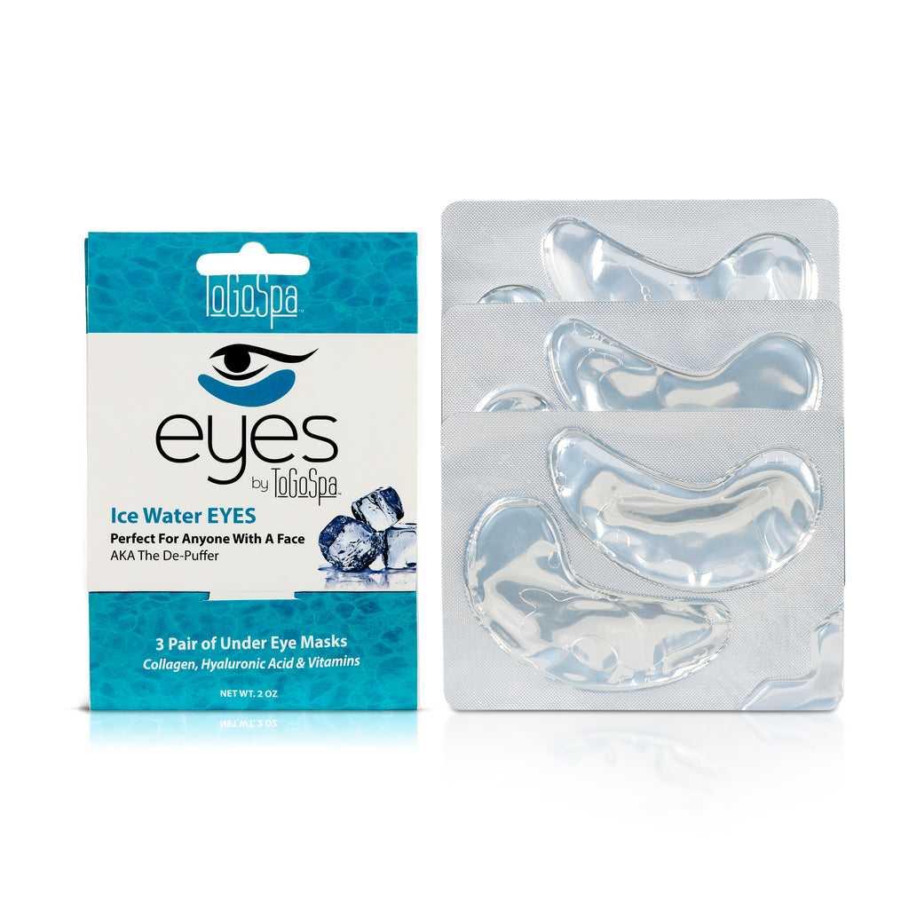 Ice Water Eye Masks Paper Packaging Next to Three Eye Masks Collated Together.