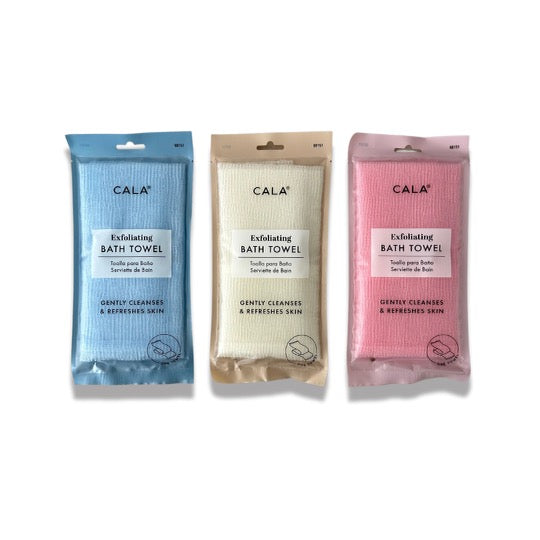 Exfoliating Bath Towel shown in three colors, blue, cream, and pink.