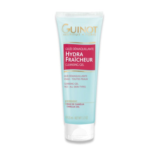 Guinot Hydra Fraîcher Cleansing Gel in a blue tube with a white flip top lid against a white background.