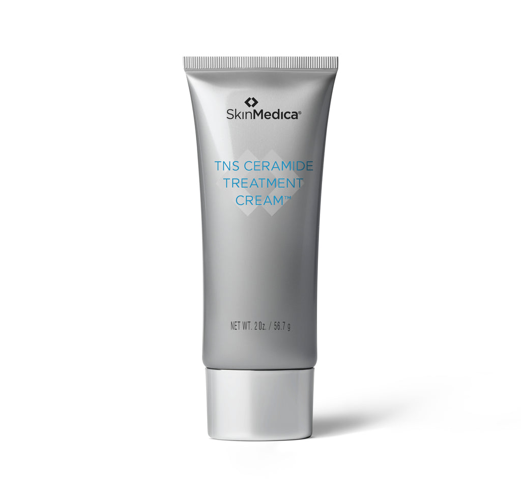 SkinMedica's TNS Ceramide Cream in a silver tube against a white background.