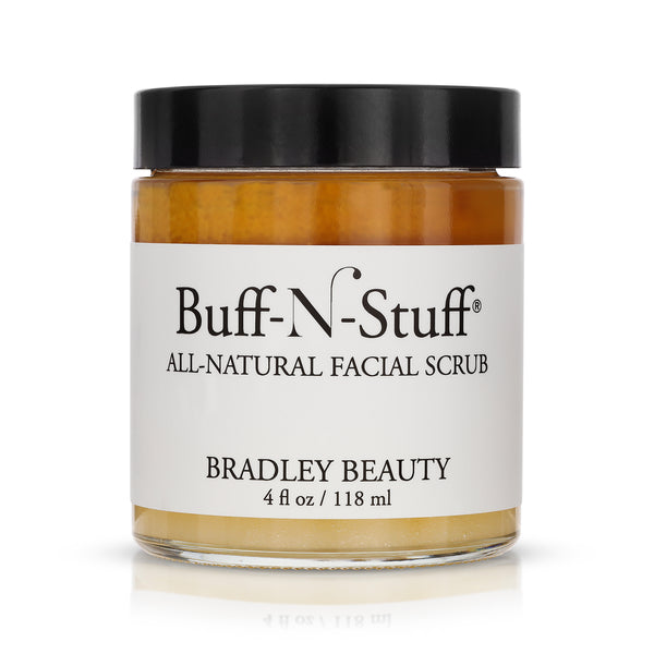 Buff-N-Stuff All-Natural Facial Scrub in Clear Glass Jar with White Label and Black Cap