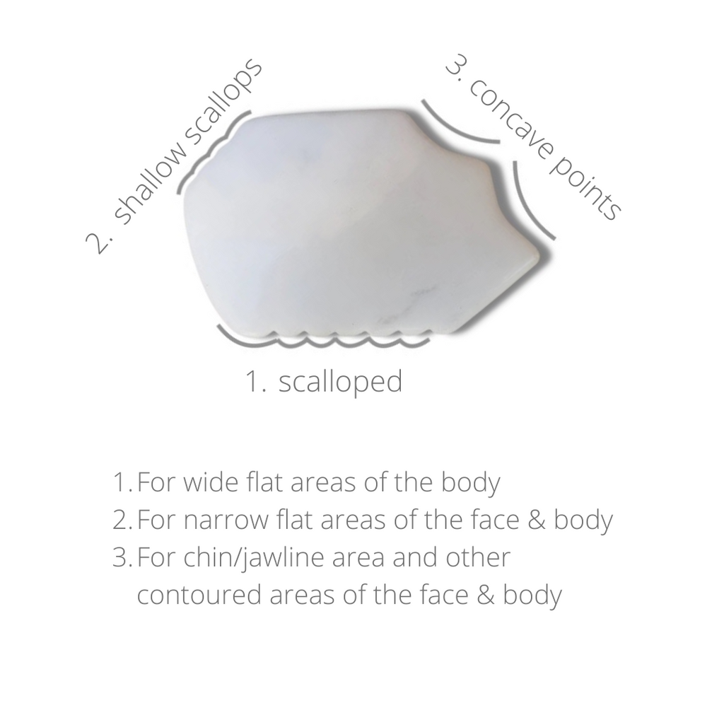 Photo shows instructions on how to use the Milky Quartz Gua Sha tool.