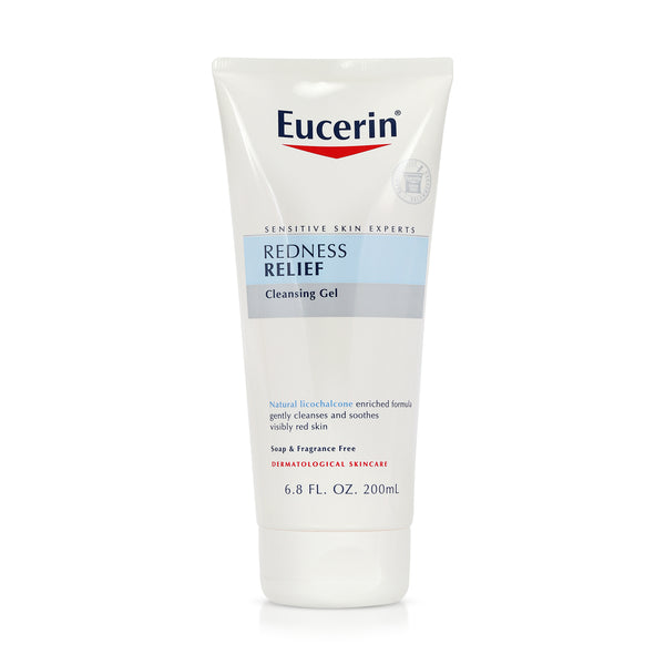 Eucerin Redness Relief Cleansing Gel in white tube with flip top cap.