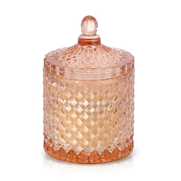 The Perfect Blend of Fig Candle in peach tinted diamond patterned glass with lid.