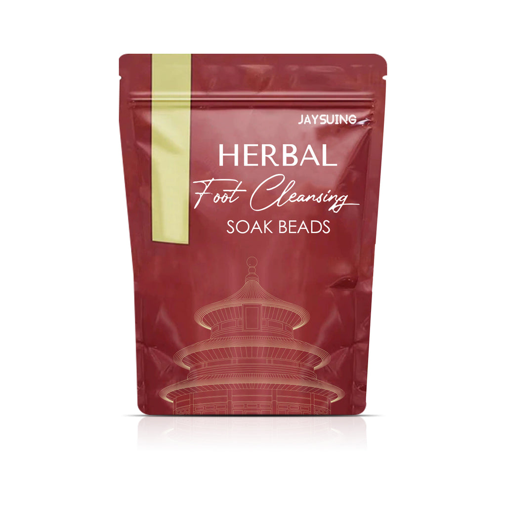 Herbal Foot Cleansing Soak Beads in a red mylar pouch.