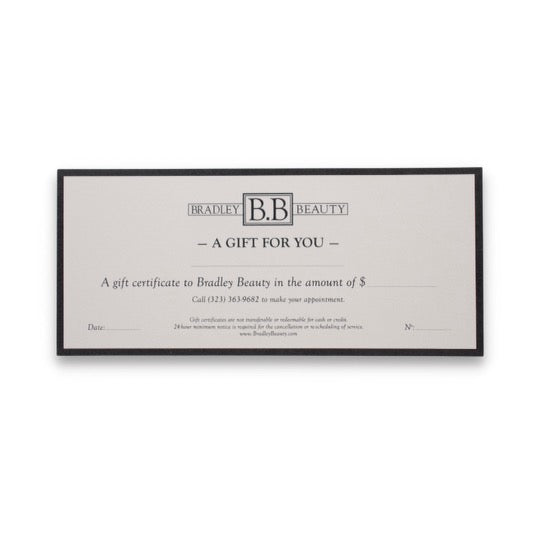 Physical paper gift certificate for Bradley Beauty services.
