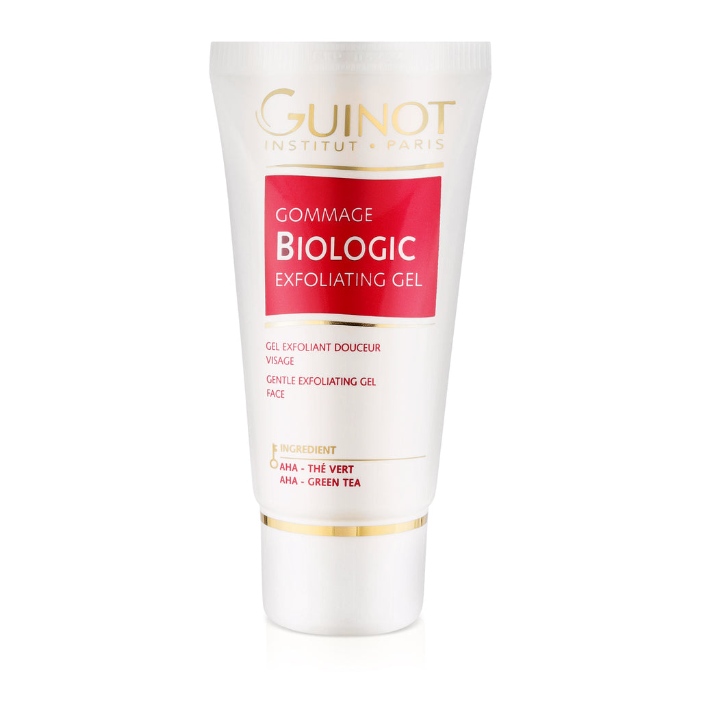 Gommage Biologic Exfoliating Gel in a white tube with twist off cap.