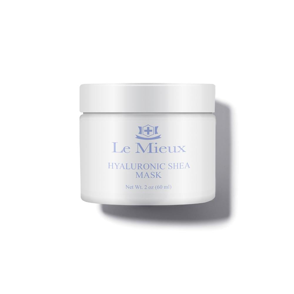 Hyaluronic Shea Mask in a white plastic tub with a twist off lid.