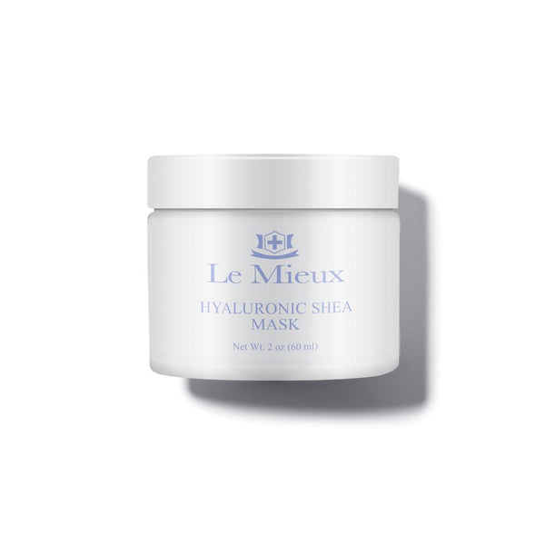 Hyaluronic Shea Mask in a white plastic tub with a twist off lid.