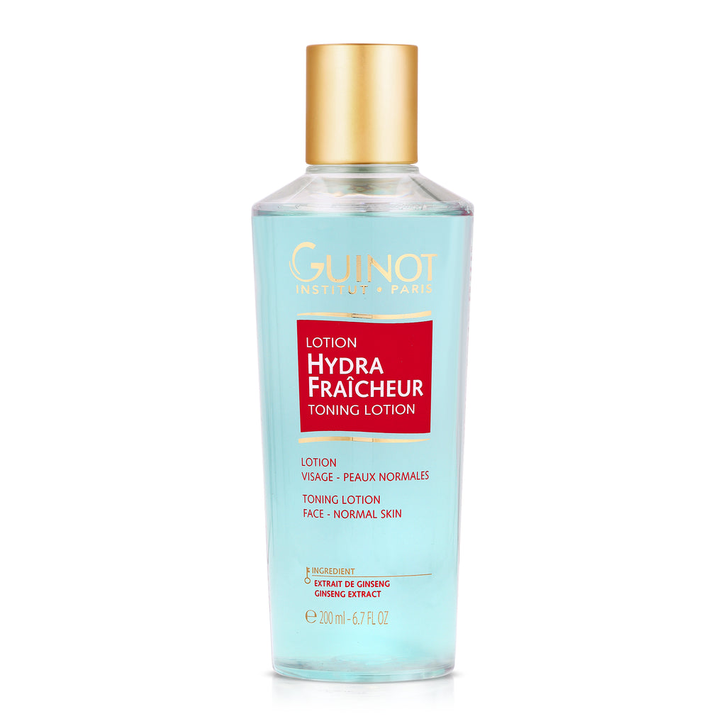 Hydra Fraîcheur Toning Lotion in a clear plastic bottle with gold twist off cap.