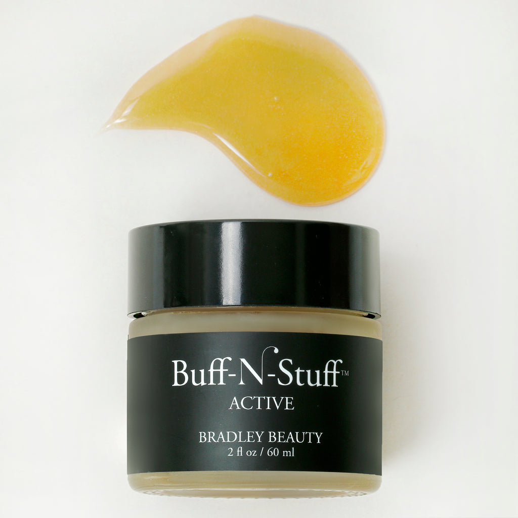 Buff-N-Stuff Active Facial Scrub Jar with a texture swatch shown above the jar