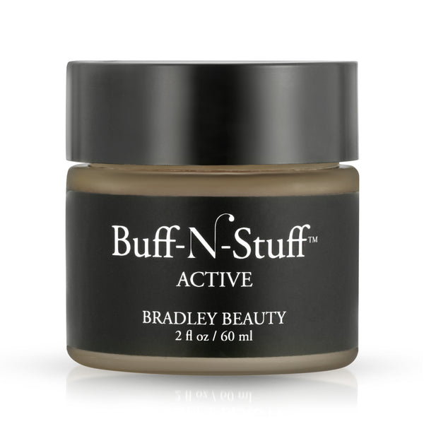 Buff-N-Stuff Active Facial Scrub in a Clear Glass Jar with Black Label and Black Cap