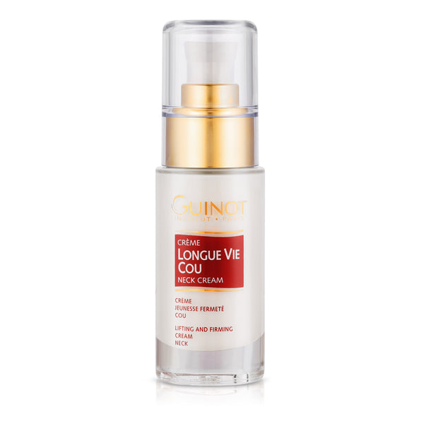 Longue Vie Cou Neck Cream in clear glass bottle with pump dispensing cap.