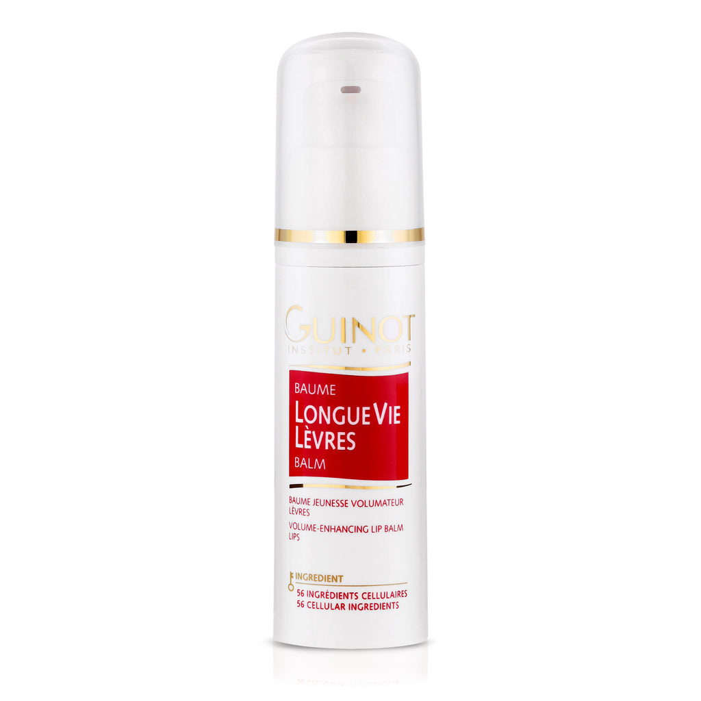 Longue Vie Lèvres Balm for lips ina  white plastic bottle with a pump dispensing cap.
