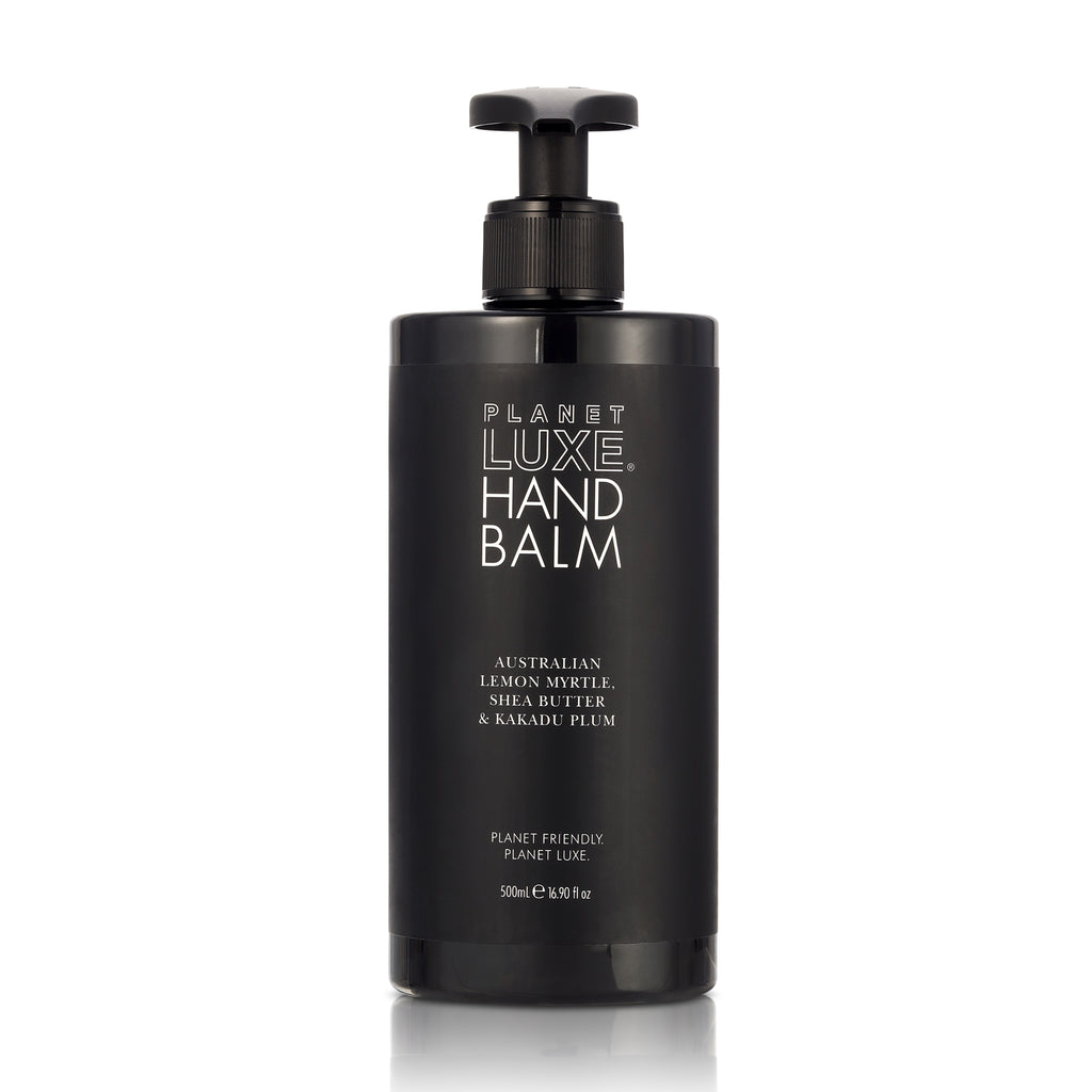 Hand Balm in black bottle with pump dispensing cap.