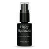 Happy Hyaluronic in a black glass bottle with pump dispending cap.