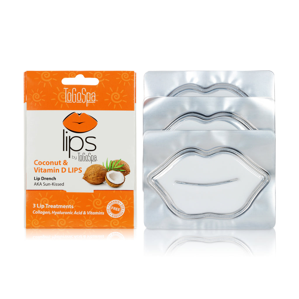 Coconut and Vitamin D Lips Masks Paper Packaging Next to Three Lip Masks Collated Together.