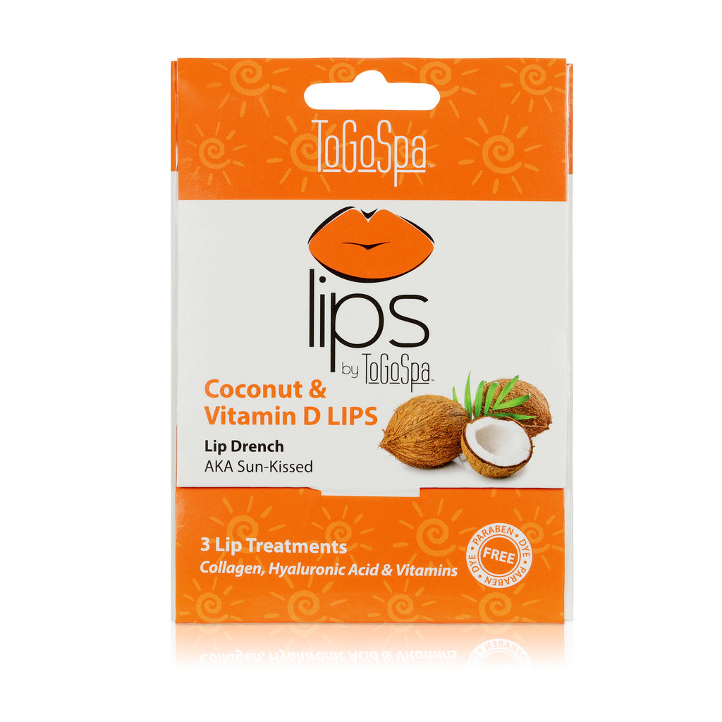 Coconut and Vitamin D Lips Mask Inside Paper Packaging. Packaging is orange and white with an image of lips and coconuts.