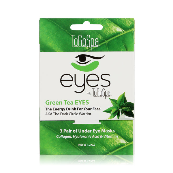 Green Tea Eye Masks Inside Paper Packaging. Packaging is green and white with an image of tea leaves.