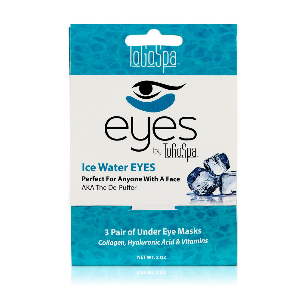 Ice Water Eyes Mask Inside Paper Packaging. Packaging is blue and white with an image of ice cubes.